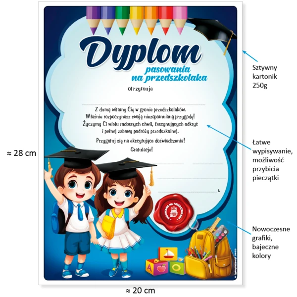 Zestaw Pasowanie na Przedszkolaka (Dyplom, Biret, Wesoły Ołówek, Zakładka)