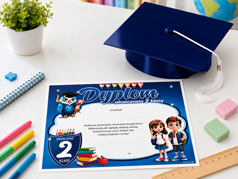 Prezenty na ukończenie 2 klasy z dyplomem Mini607 i biretem Prezenty na ukończenie 2 klasy — zestaw z biretem i dyplomem Mini607