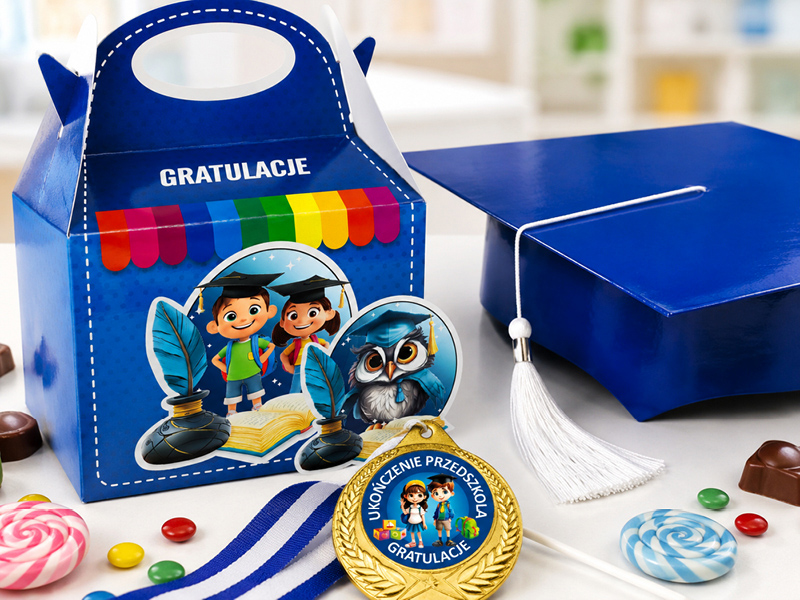 Popularne zestawy prezentowe na ukończenie przedszkola z biretami, medalami i kuferkami Popularne zestawy prezentowe na ukończenie przedszkola z biretami, medalami, dyplomami i kuferkami na słodycze