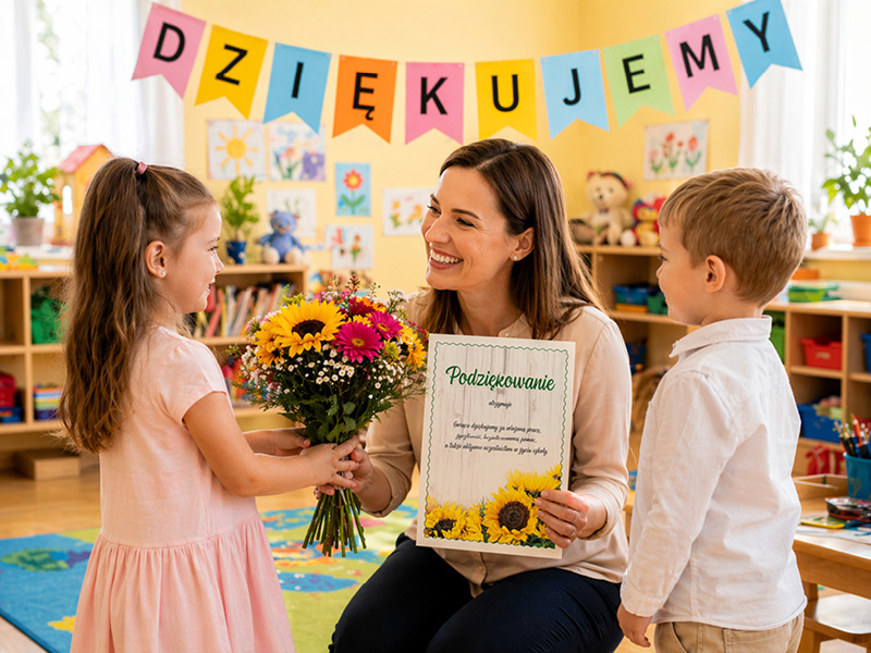 Dzieci wręczają kwiaty i dyplom nauczycielce w przedszkolu Dzieci wręczają kwiaty i dyplom nauczycielce w przedszkolu