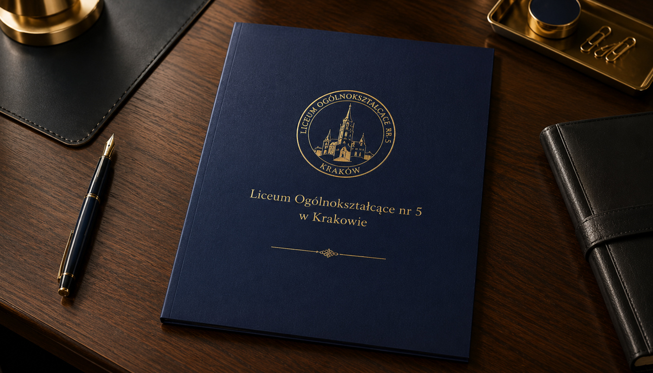 Teczki szkolne introligatorskie ze złoceniem nazwy szkoły Teczki szkolne introligatorskie z twardą oprawą, złoceniem nazwy szkoły i logotypu